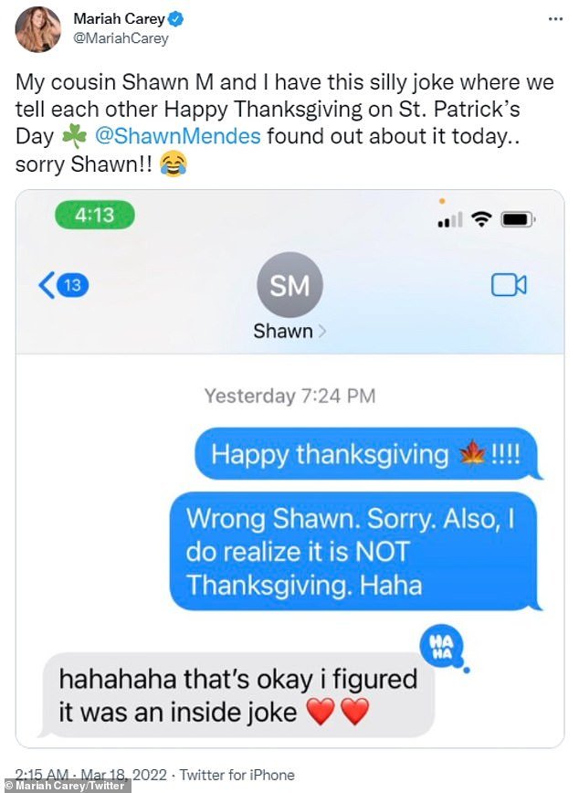 Mariah Carey hilariously reveals she accidentally texted Shawn Mendes ‘Happy Thanksgiving’