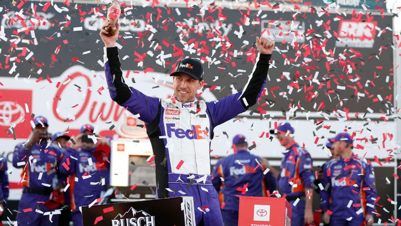 Denny Hamlin chases down William Byron with five laps to go, holds off Kevin Harvick to win at Richmond